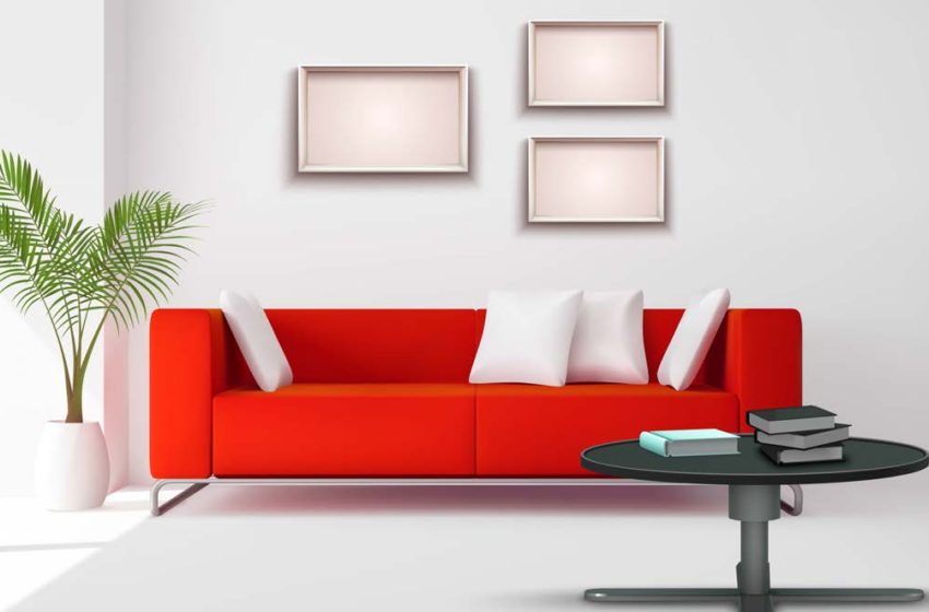 Red sofa in a white room