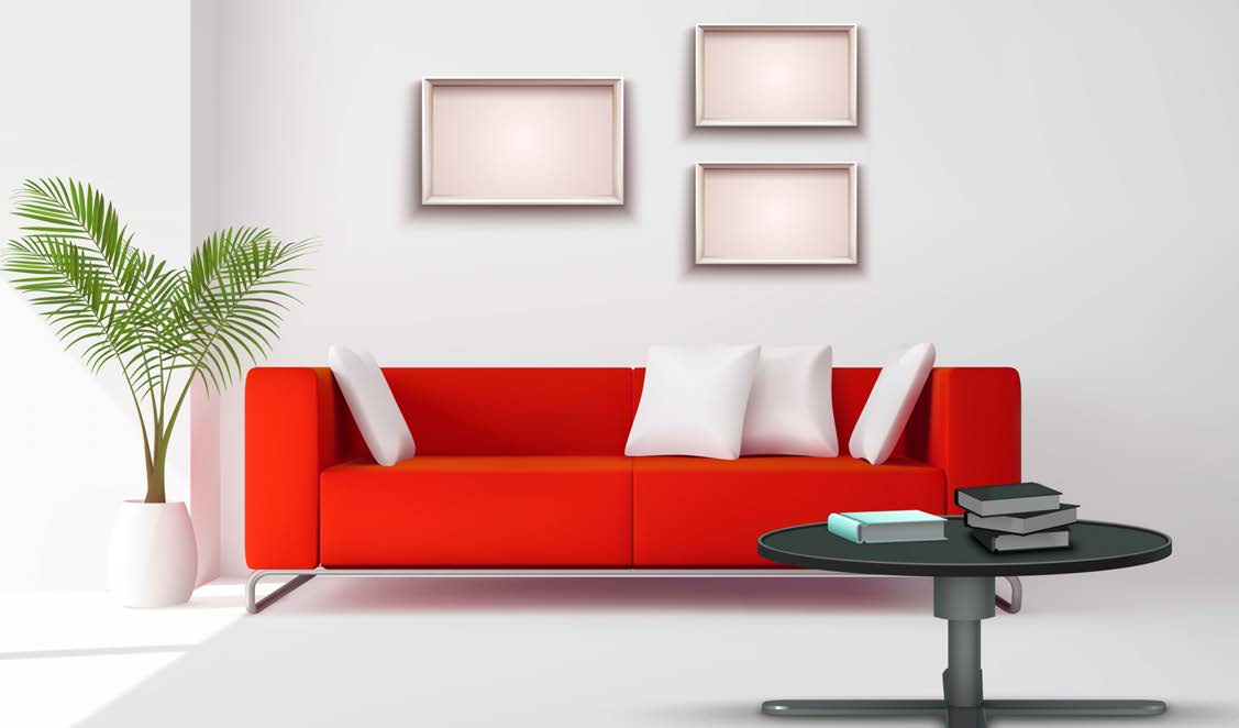 Red sofa in a white room