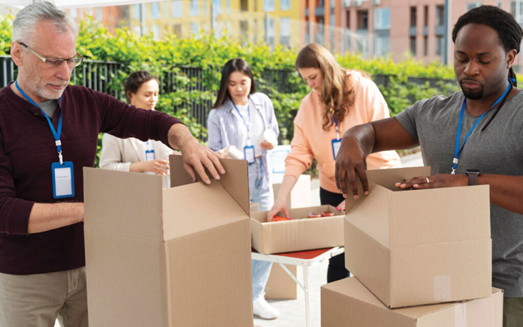 People packing boxes for donation